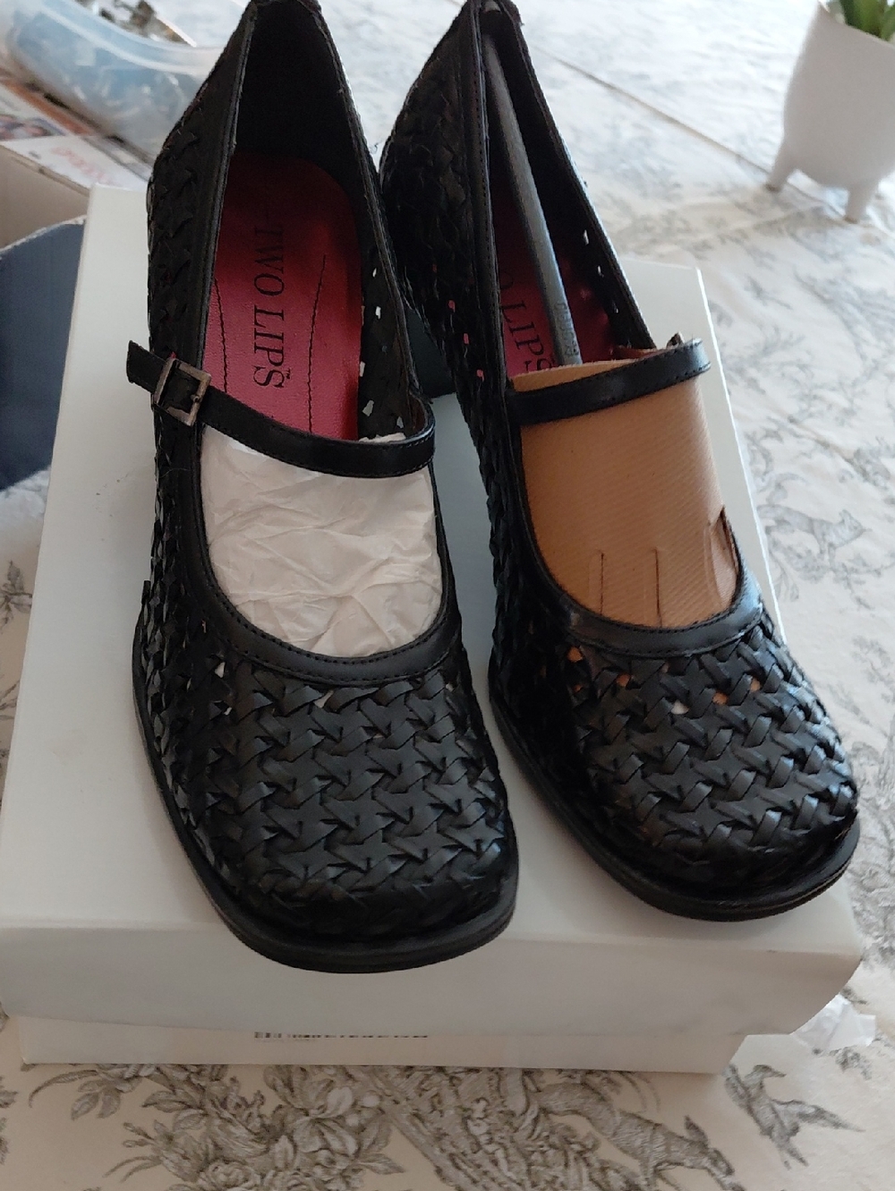 Two Lips Black Woven Mary Jane Heels with Ankle Strap